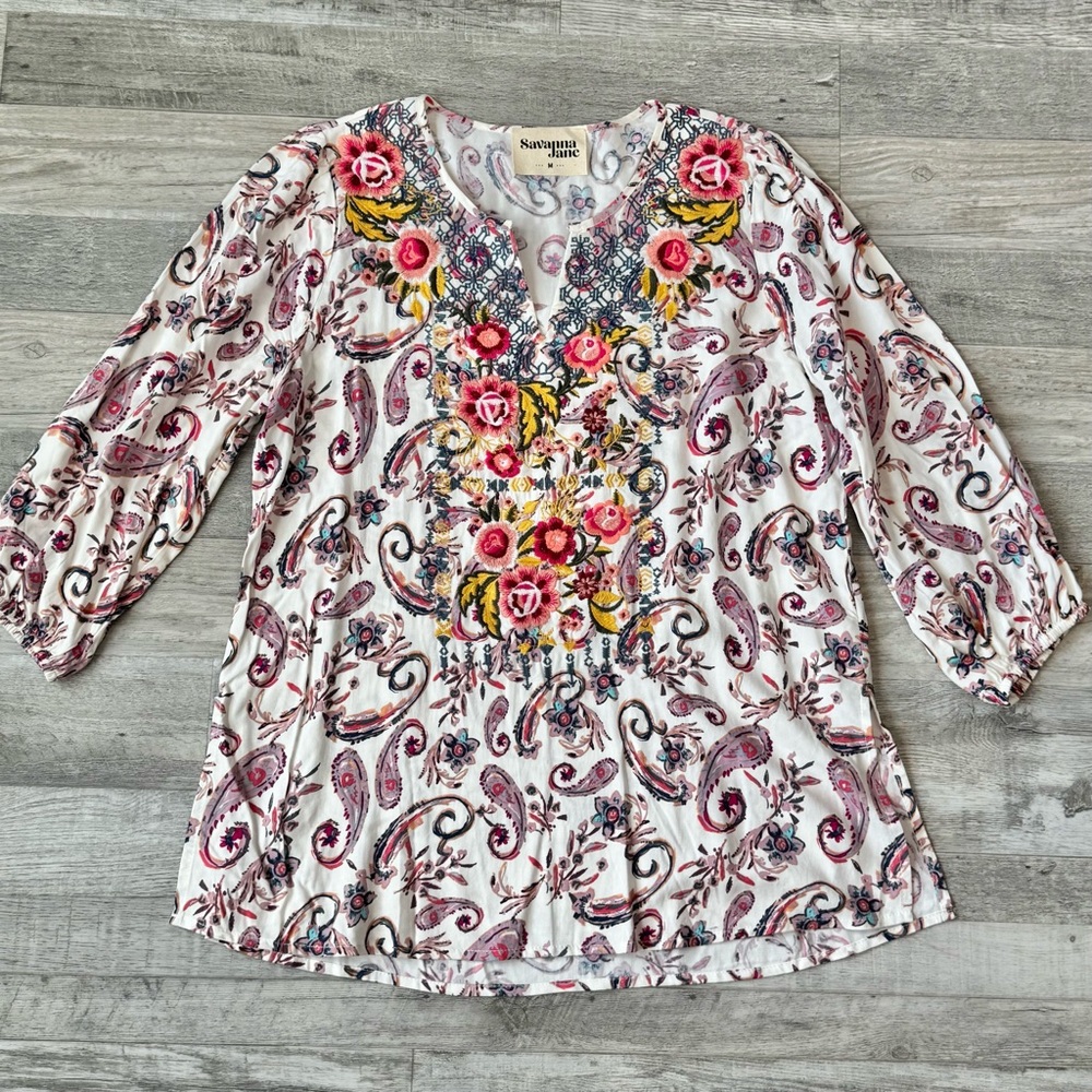 Savanna Jane white pink paisley blouse floral embroidered 3/4 sleeve medium K18